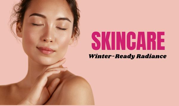 Woman with glowing skin and winter skincare products on a pink background.