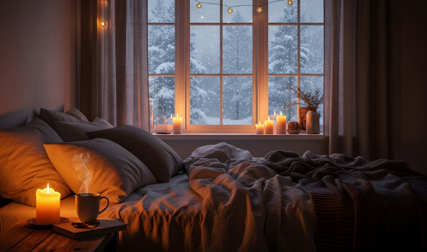 Restful sleep setting looking cozy. 