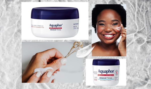 Aquaphor Healing Ointment banner featuring winter skincare imagery, including a woman applying cream, product shots, and a frosty textured background.