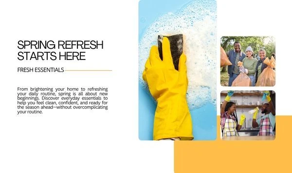 Spring cleaning scene with gloved hand scrubbing a surface and people cleaning, representing a fresh, clean home for the season.