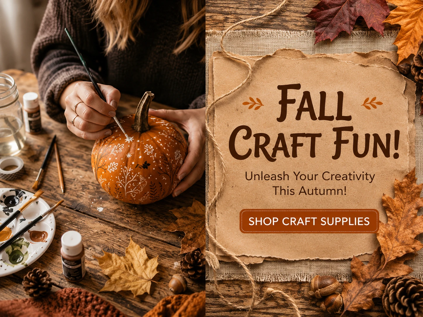 Fall Craft Fun banner featuring autumn leaves, pumpkins, yarn, paint, and seasonal craft projects with a Shop Craft Supplies call to action.