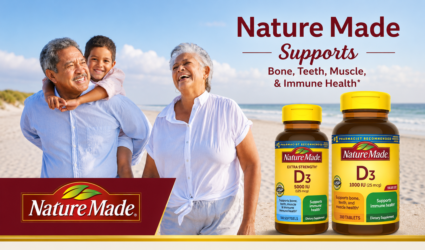 Nature Made vitamins and supplements supporting everyday wellness, including immune, bone, and muscle health for the whole family.