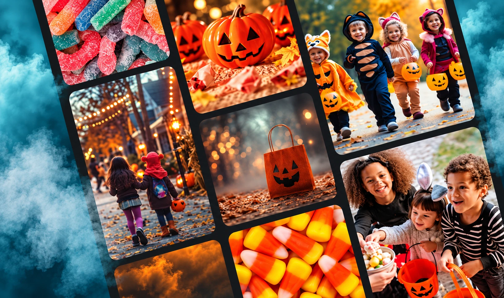 Halloween collage featuring colorful candy, glowing pumpkins, trick-or-treat bags and children dressed in festive costumes.