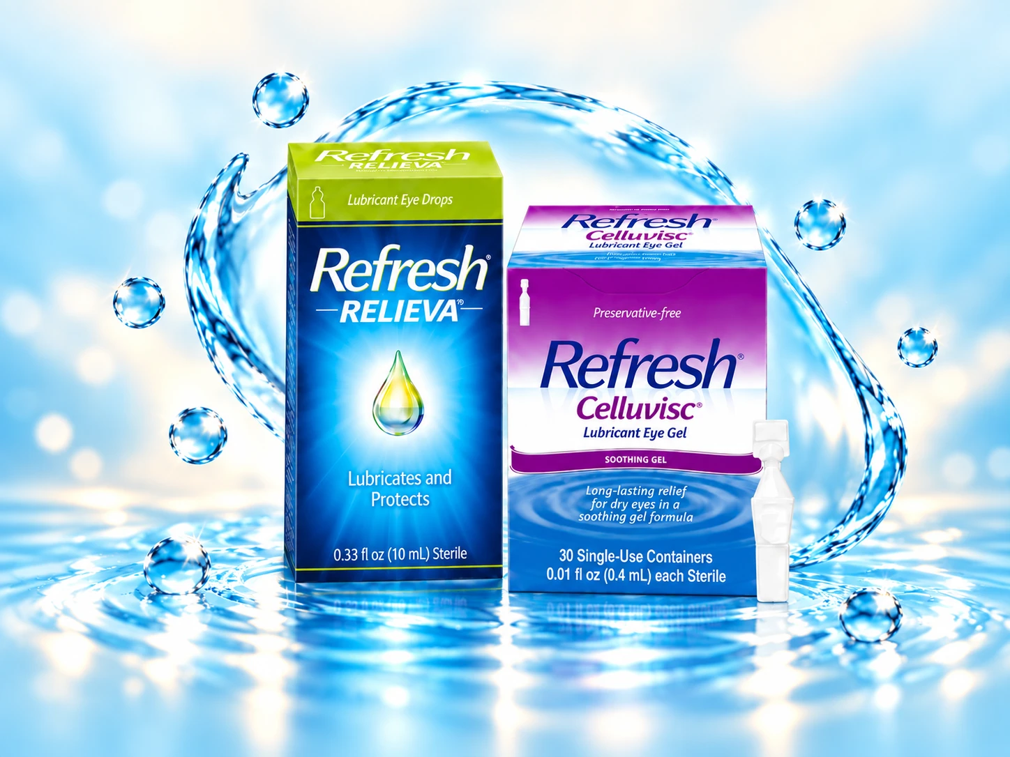 Refresh Relieva eye drops and Refresh Celluvisc eye gel displayed against a blue water backdrop.