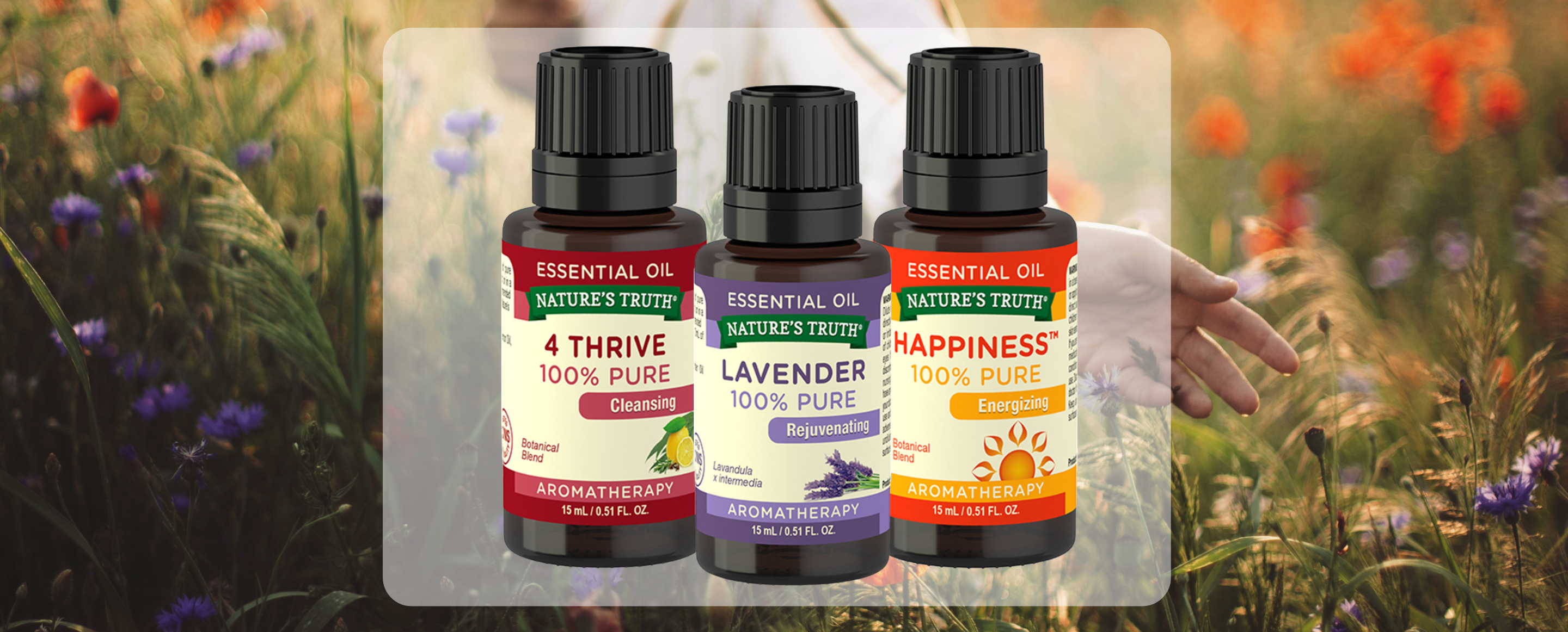 Nature’s Truth essential oil bottles displayed in a natural floral setting, representing aromatherapy and everyday wellness.