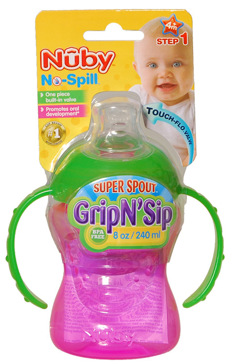 Nuby No-Spill Cup, Super Spout, Grip N' Sip, 8 oz, Step 1 (4M+)