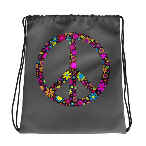 WTees Flower Power Peace Sign Drawstring Bag Grey