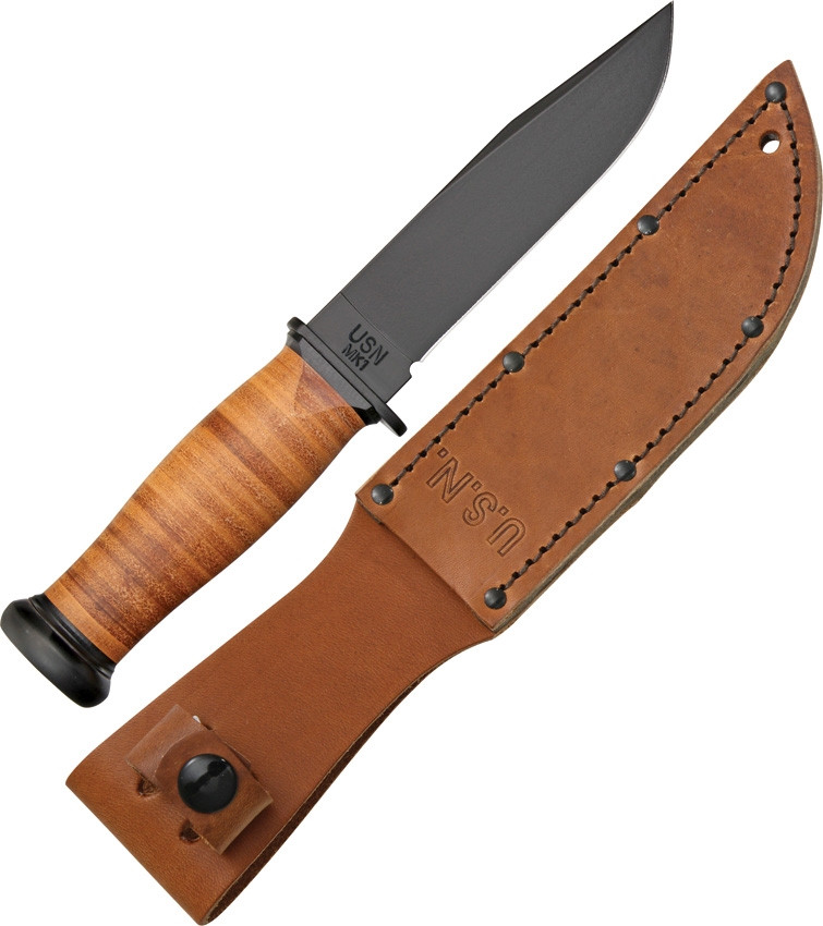 Ka-Bar Mark 1 Fixed Blade Knife Brown Leather Handle Black Plain