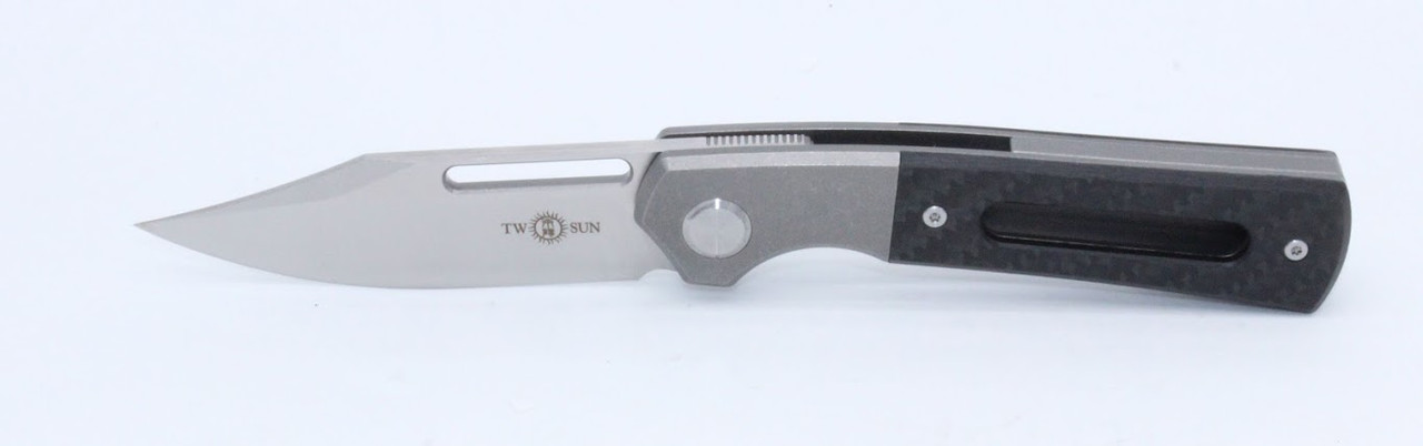 ［＿］ Two Sun Folding Knife Carbon Fiber Titanium Handle Plain Edge