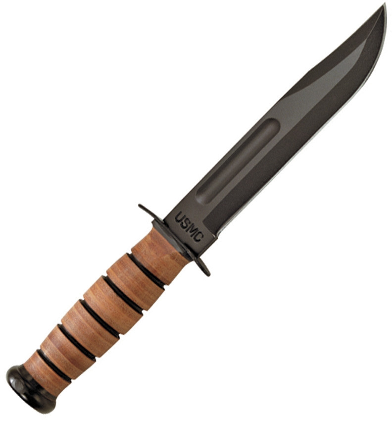 KaBar USMC Fighting Fixed Blade Knife Stacked Leather Handle Black Carbon Steel Blade Plain