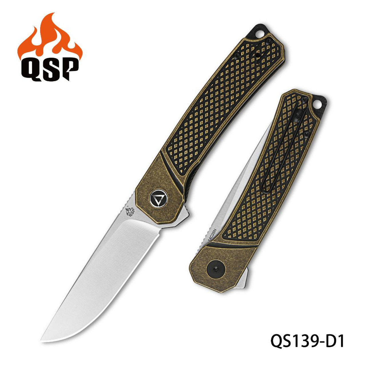 QSP Osprey Folding Knife Brass Handle 14C28N Plain Edge Satin