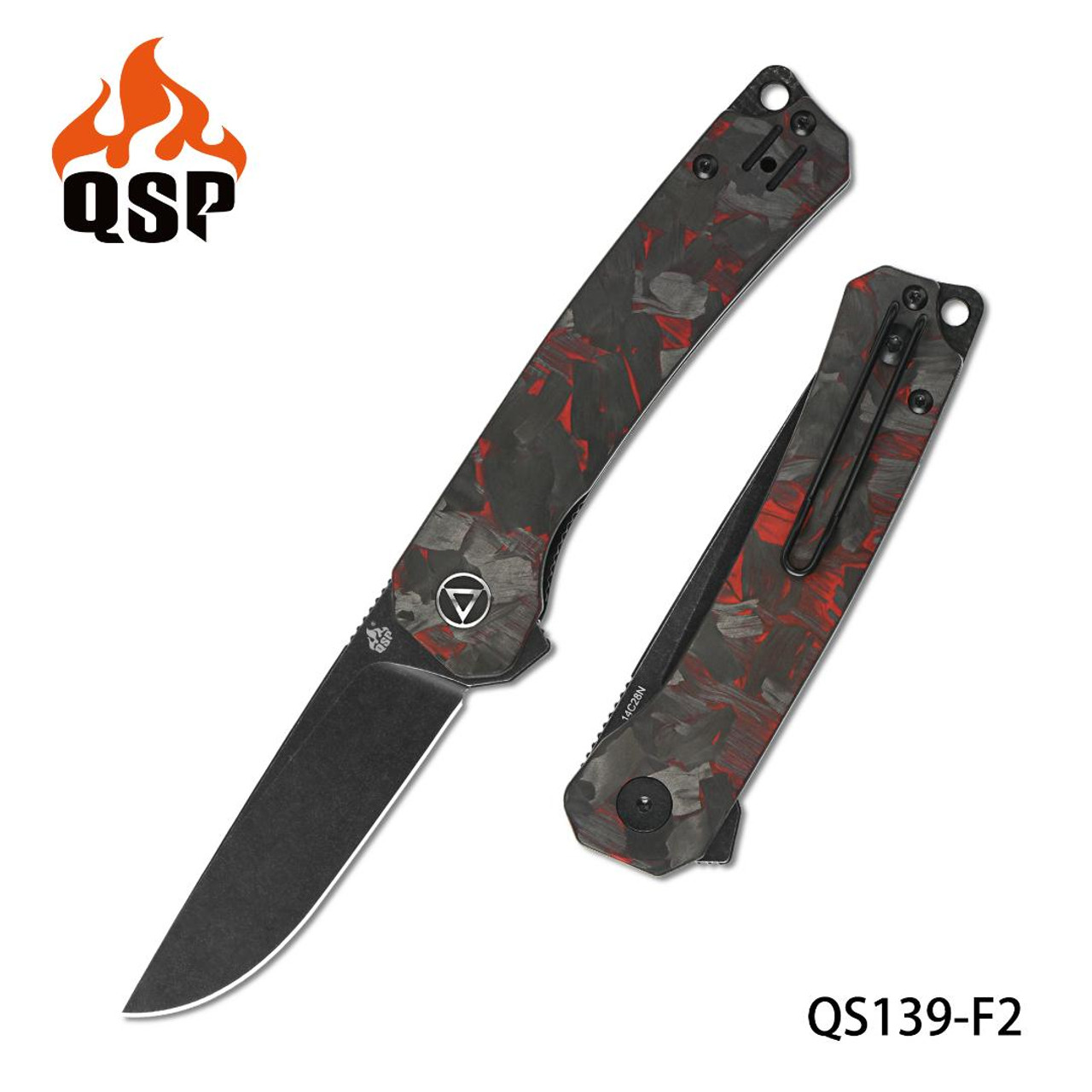 QSP Osprey Folding Knife Black Shredded Carbon Fiber/Red G10
