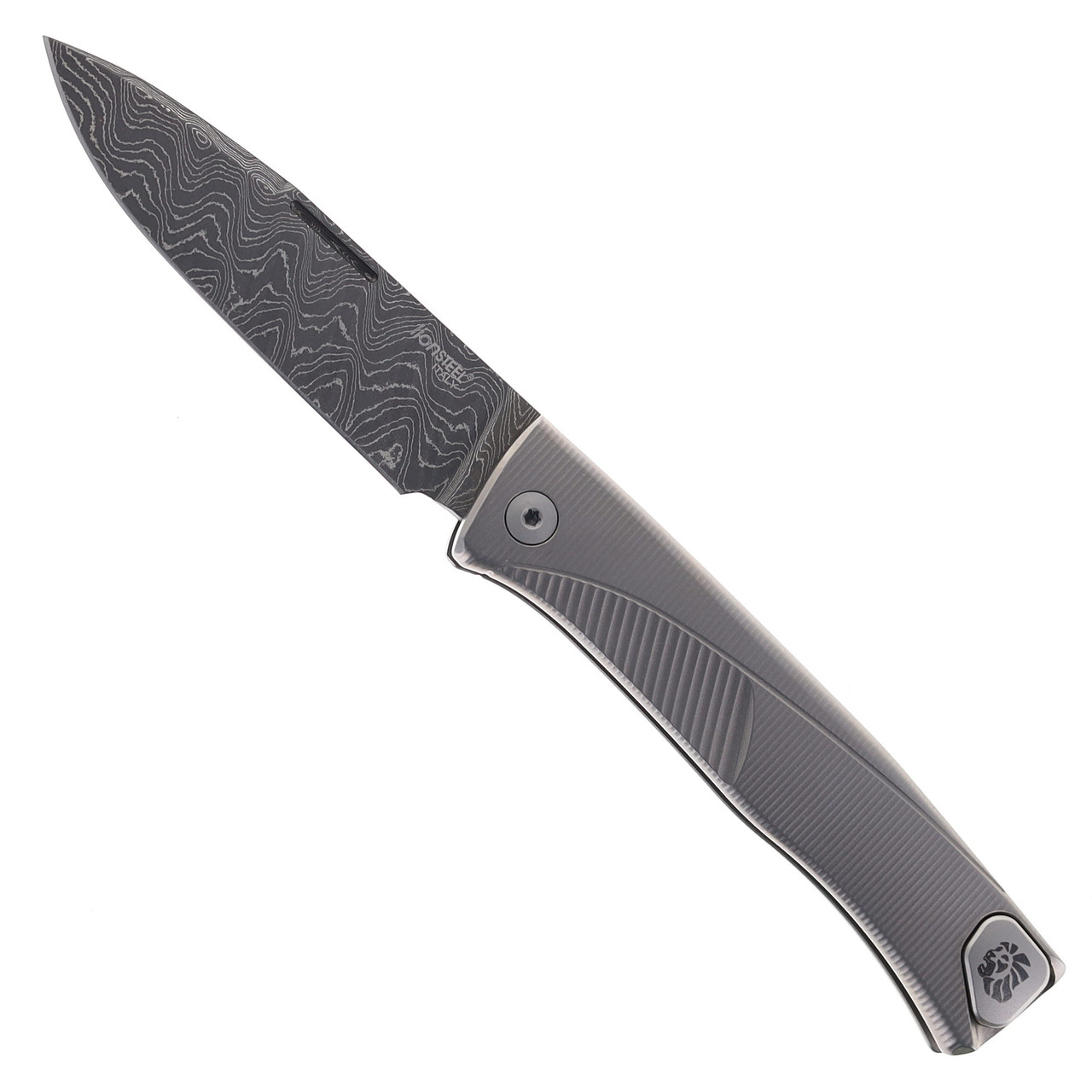 LionSteel Thrill Folding Knife Grey Titanium Handle Damascus Plain