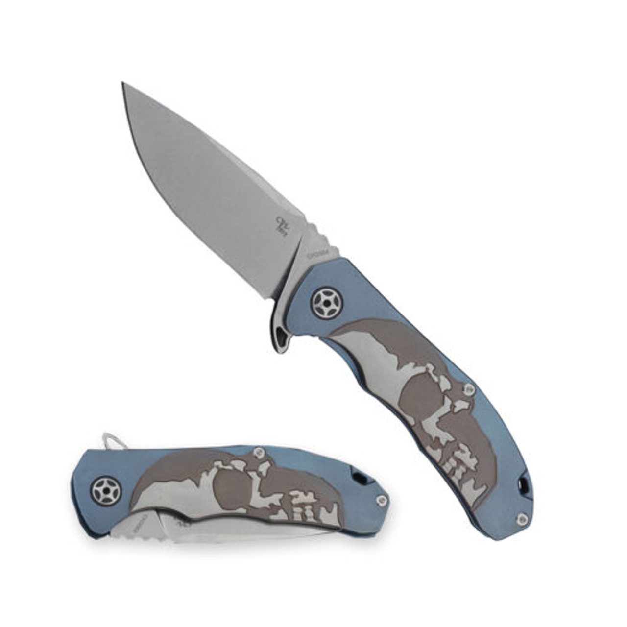 CH Knife Folding Knife Blue/Eafengrow Skull Titanium Handle