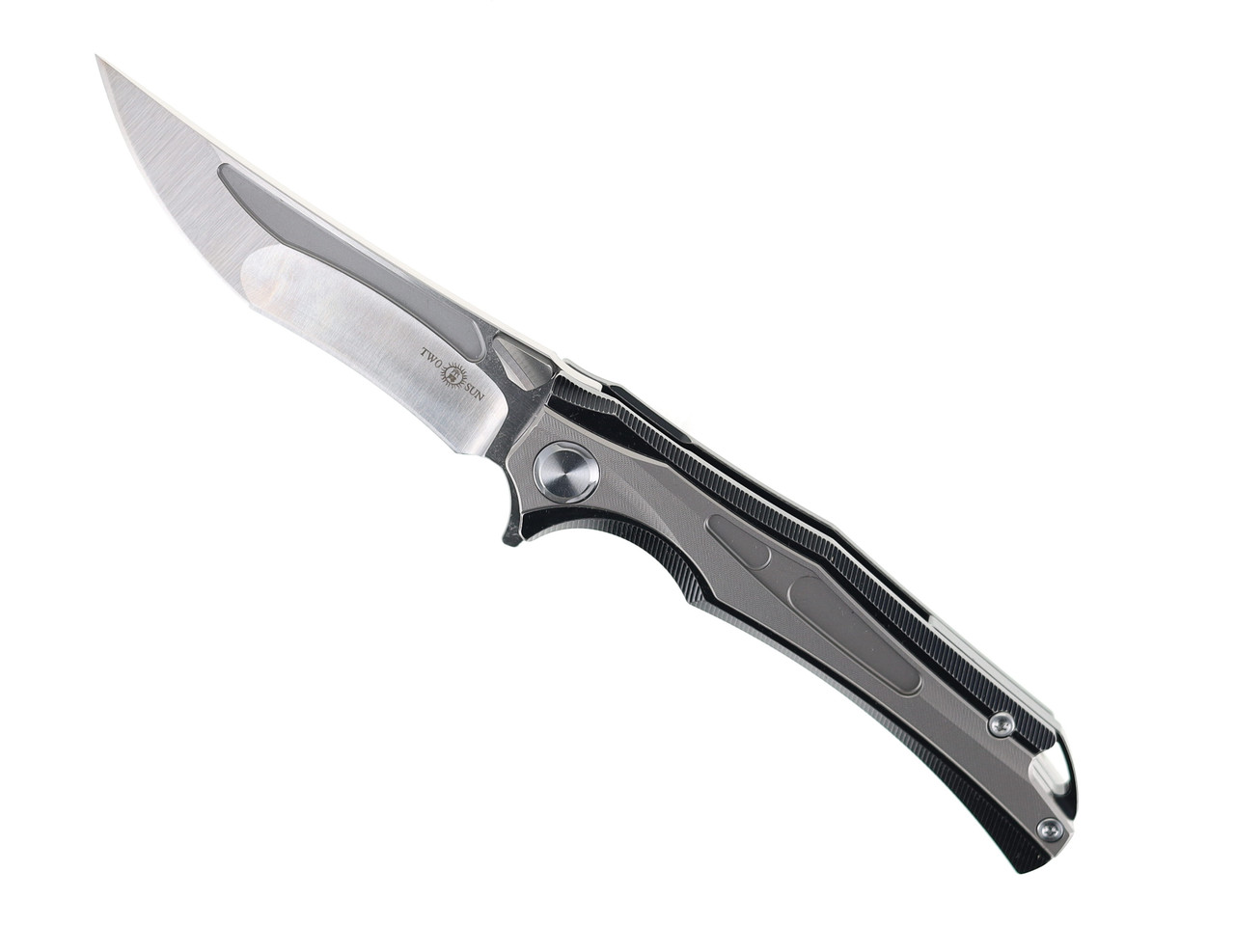 サンプル2 Two Sun Folding Knife Gray/Black Titanium Handle 14C28N Plain Edge