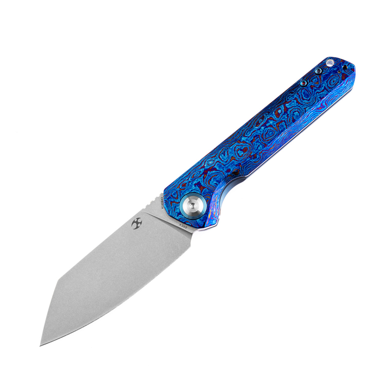 Kansept Bulldozer Folding Knife Timascus/Blue Titanium Handle 20CV