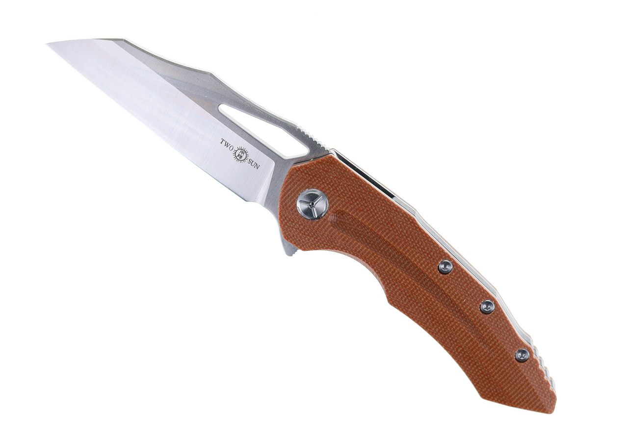 Two Sun Folding Knife Brown Linen Micarta Handle D2 Plain Edge TS132