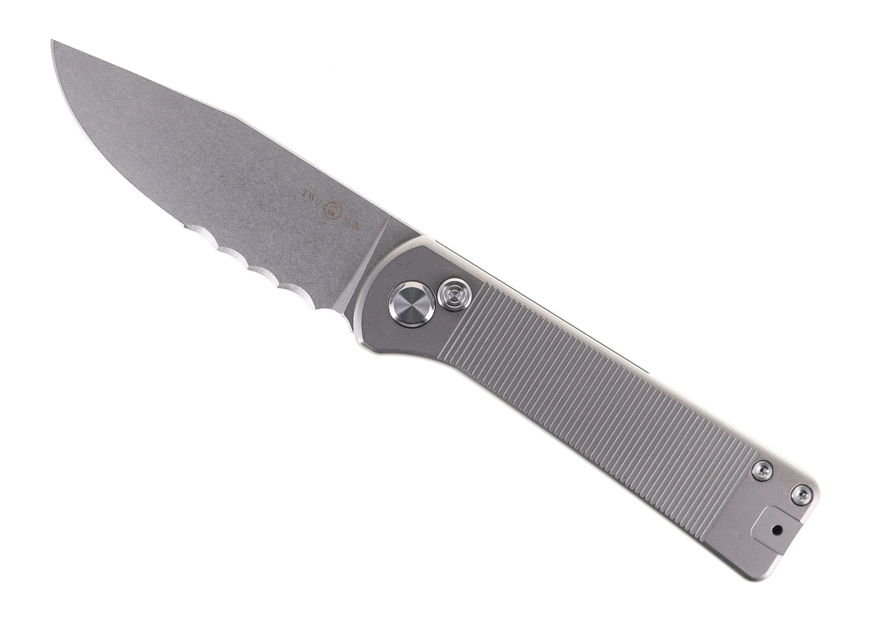 Two Sun Folding Knife Black Titanium Handle D2 Partially Serrated