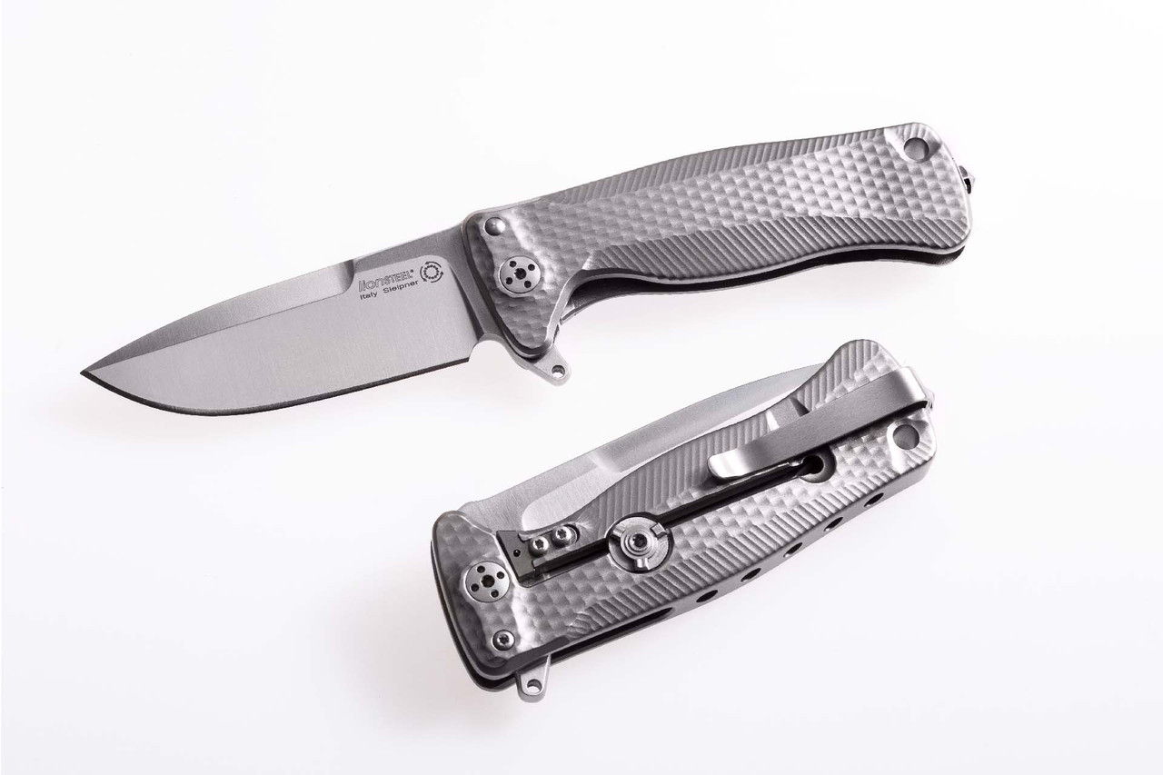 LionSteel Folding Knife Grey Titanium Handle Sleipner Plain Edge