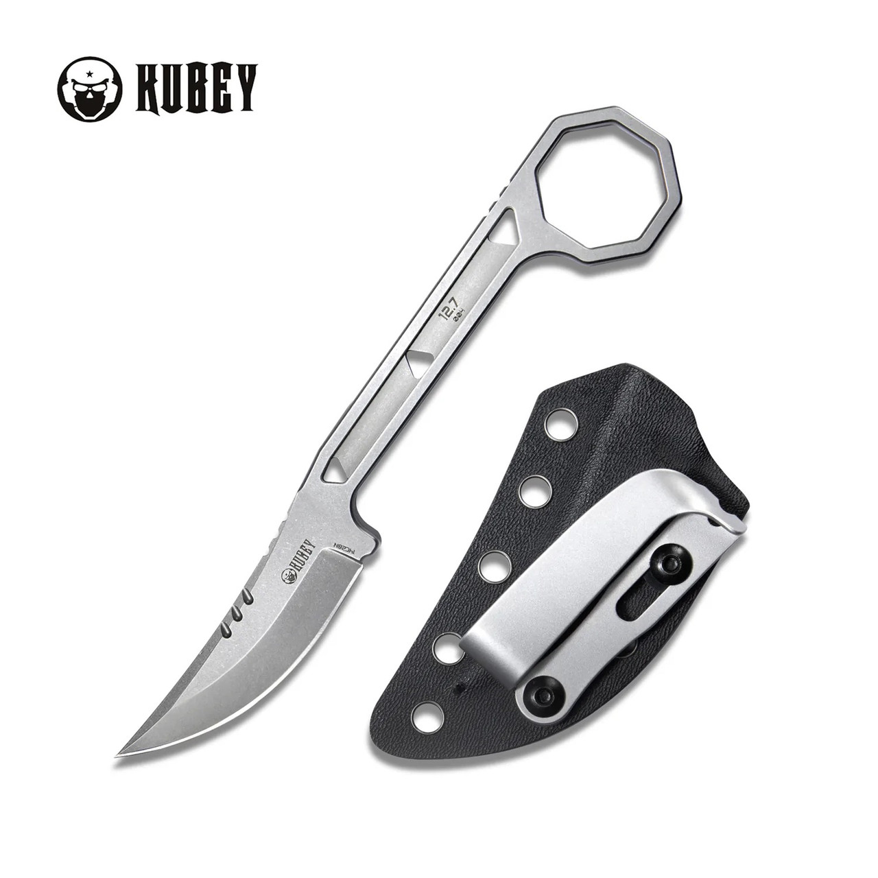 Kubey Hydra Design 12.7 Fixed Blade Knife Skeletonized Handle 14C28N  Trailing Point Plain Edge Bead Blast Finish KU362