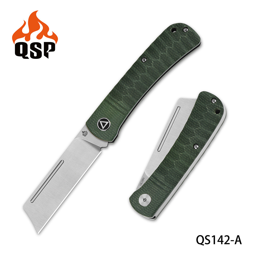QSP Hedgehog Folding Knife Green Micarta Handle 14C28N Plain Edge