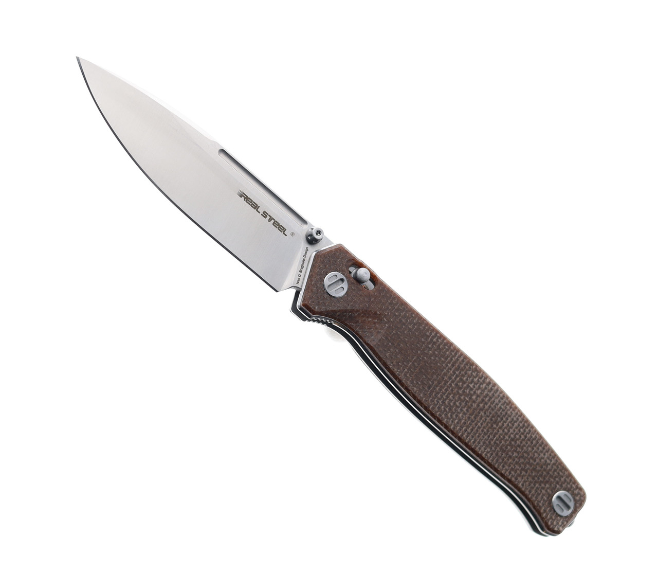 WMK Exclusive Real Steel Huginn Folding Knife Brown Linen Micarta Handle  VG-10 Plain Edge Satin Finish RS7653NL