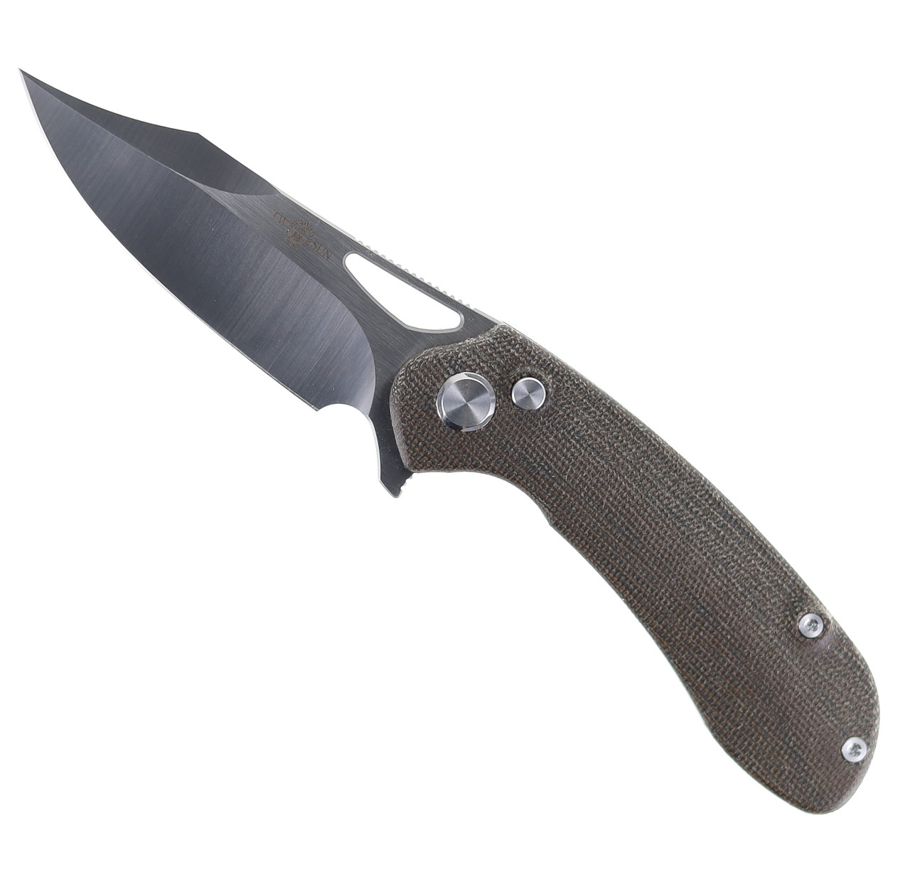 Two Sun Button Lock Folding Knife Black Linen Micarta Handle D2