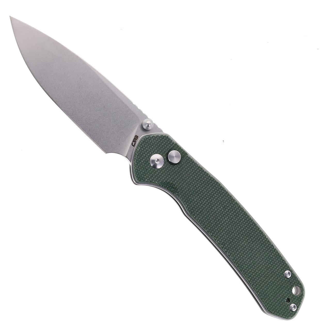 CJRB Large Pyrite Button Lock Folding Knife Green Micarta Handle