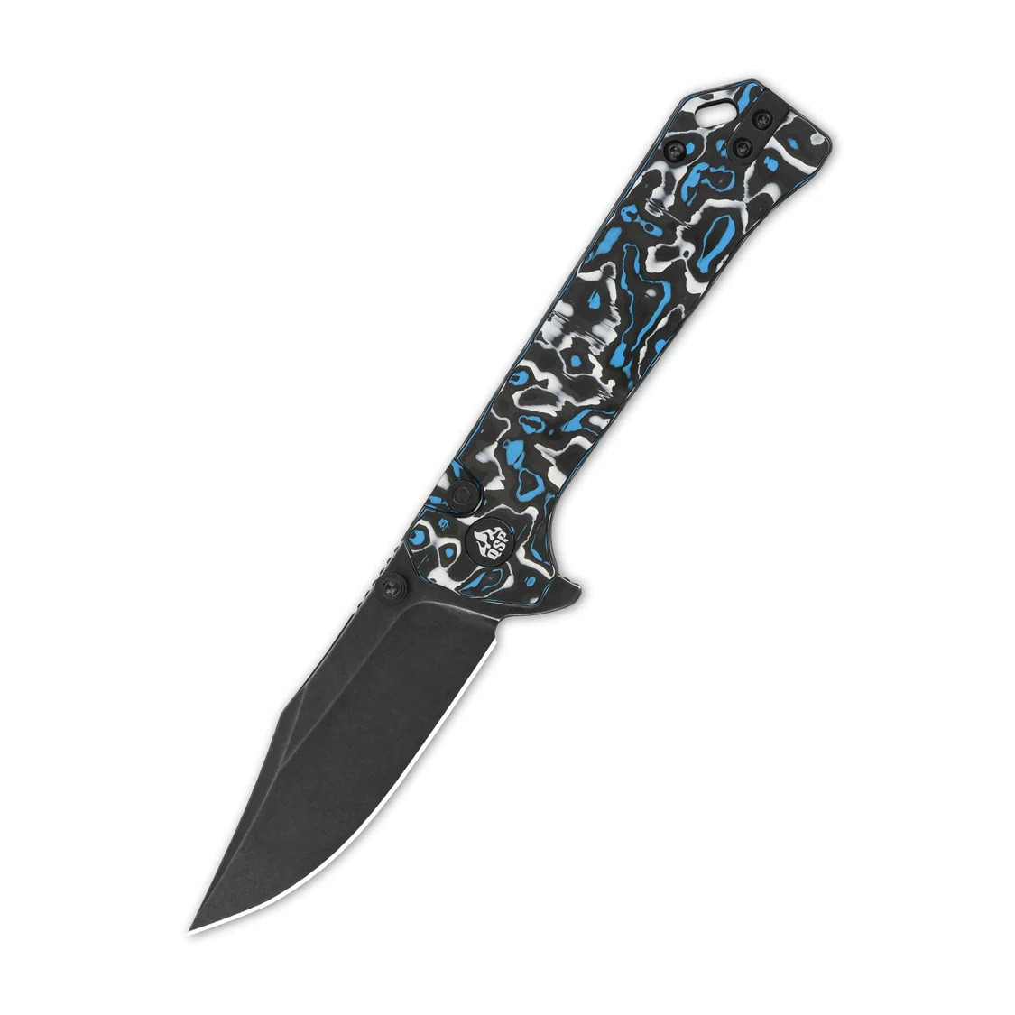 QSP Grebe Button Lock Folding Knife Black/Blue/White Carbon Fiber