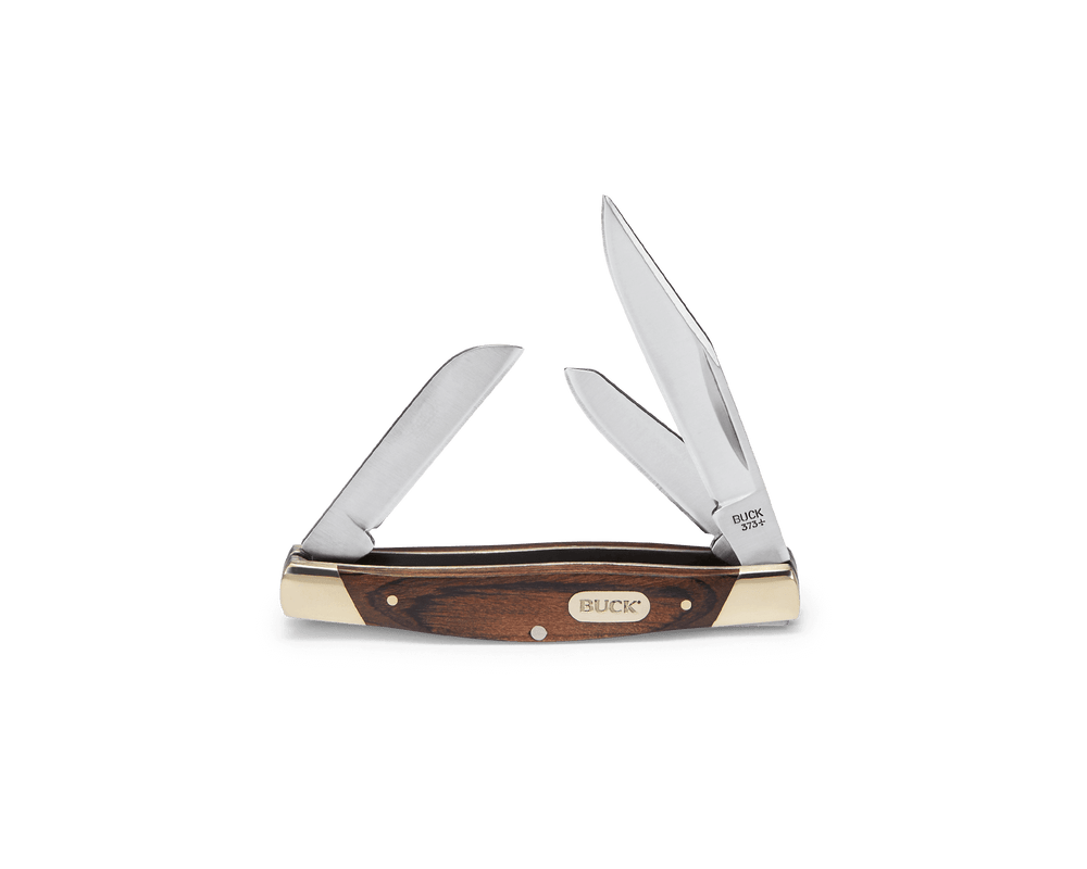 Buck 373 Trio Folding Knife Woodgrain Handle 420J2 Clip/Spey/Sheepsfoot