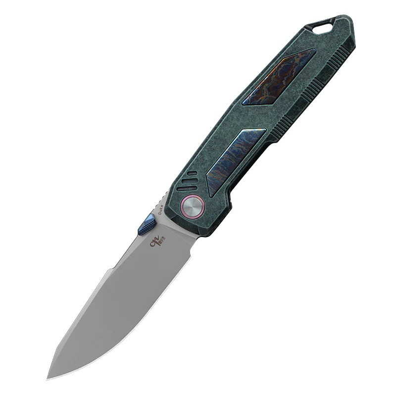 CH Duke Folding Knife Green Flamed Titanium Handle M390 Plain Edge