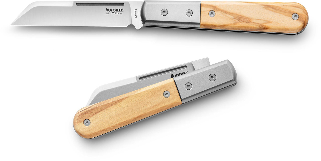 LionSteel Folding Knife Olive Wood Handle M390 Plain Edge