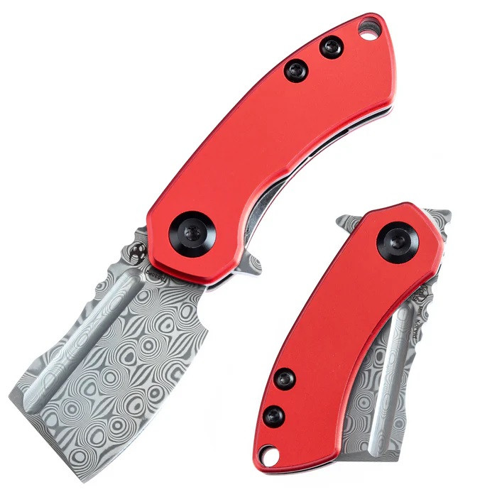 Kansept Mini Korvid Folding Knife Red Aluminum Handle Damascus