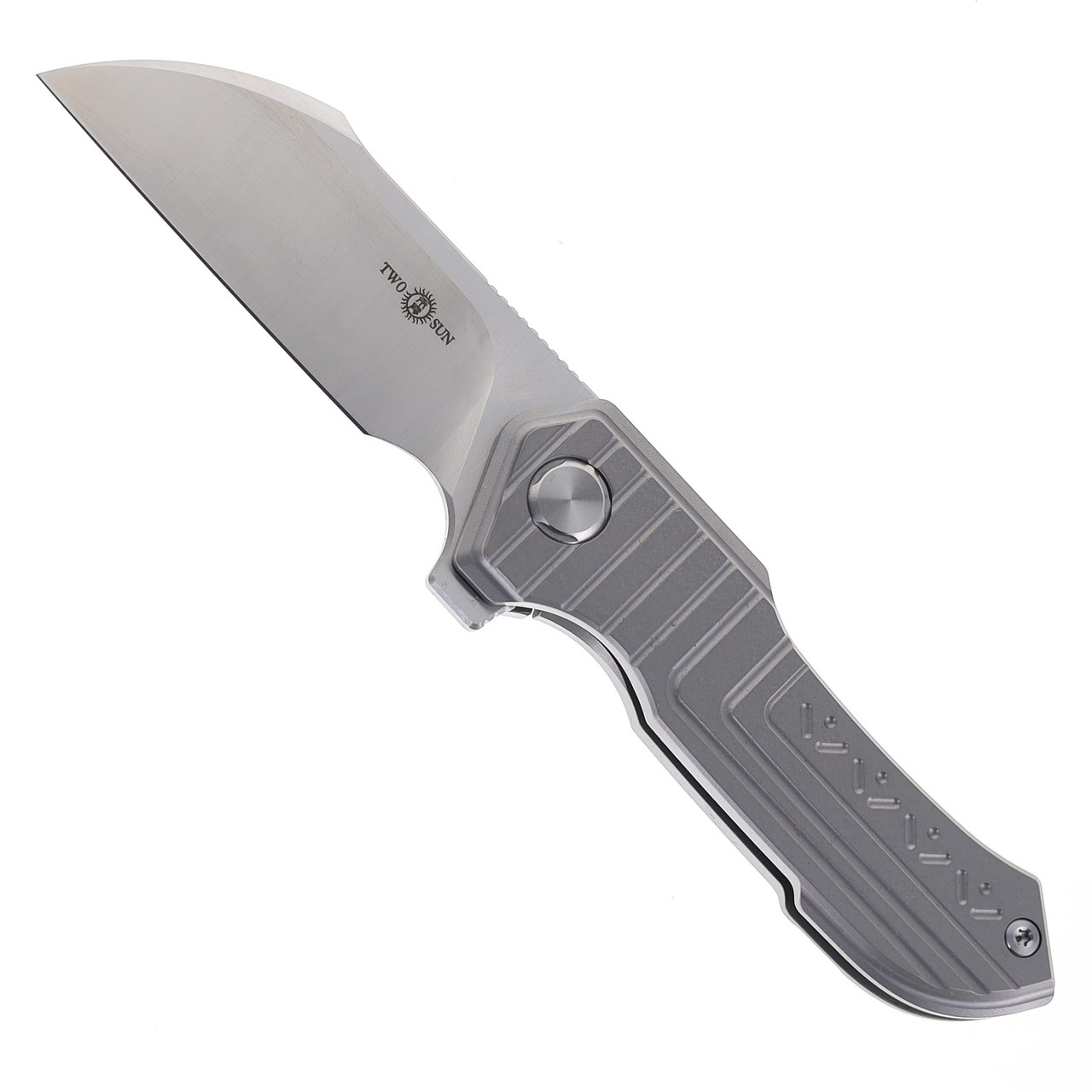 Two Sun Folding Knife Gray Titanium Handle M390 Drop Point Plain