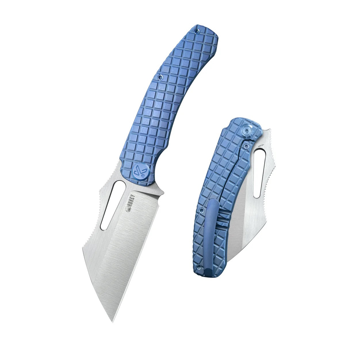 Kubey Sylow Folding Knife Blue Titanium Handle 14C28N Plain Edge