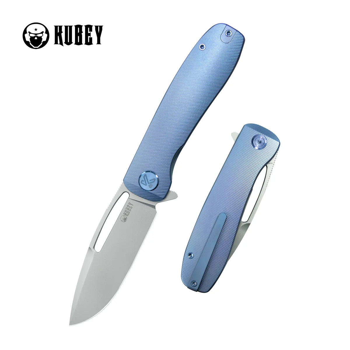 Kubey Supercell Folding Knife Blue Titanium Handle 14C28N Plain