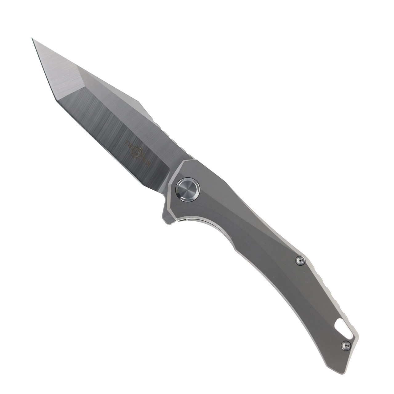 Two Sun Folding Knife Gray Titanium Handle M390 Plain Edge Satin