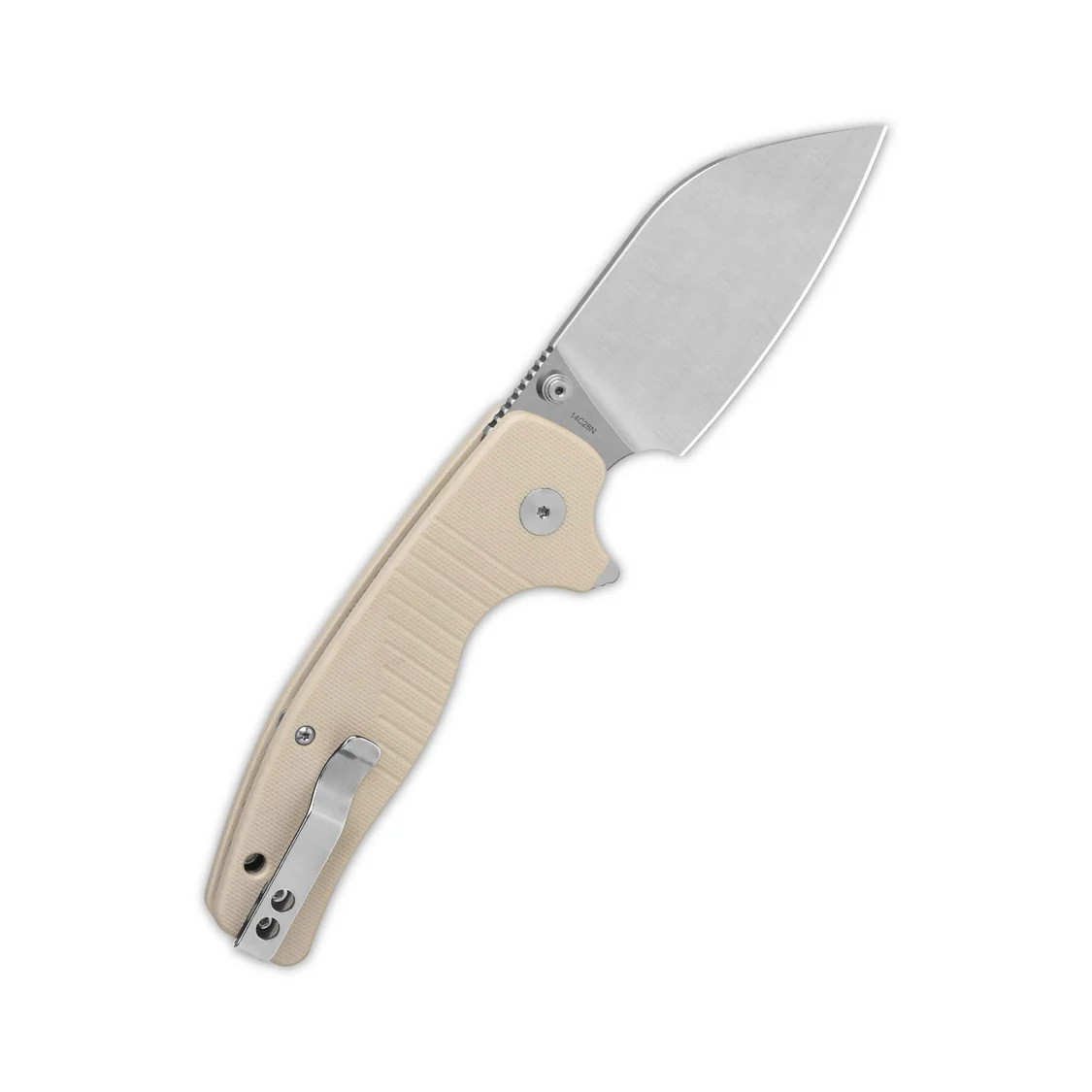 a QSP Chefmaster Folding Knife Off White G10 Handle 14C28N