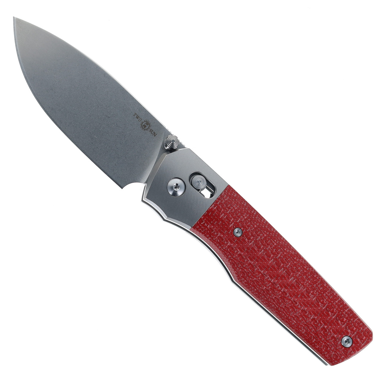 TwoSun Folding Knife Red Titanium/Carbon Fiber Handle M390 Plain