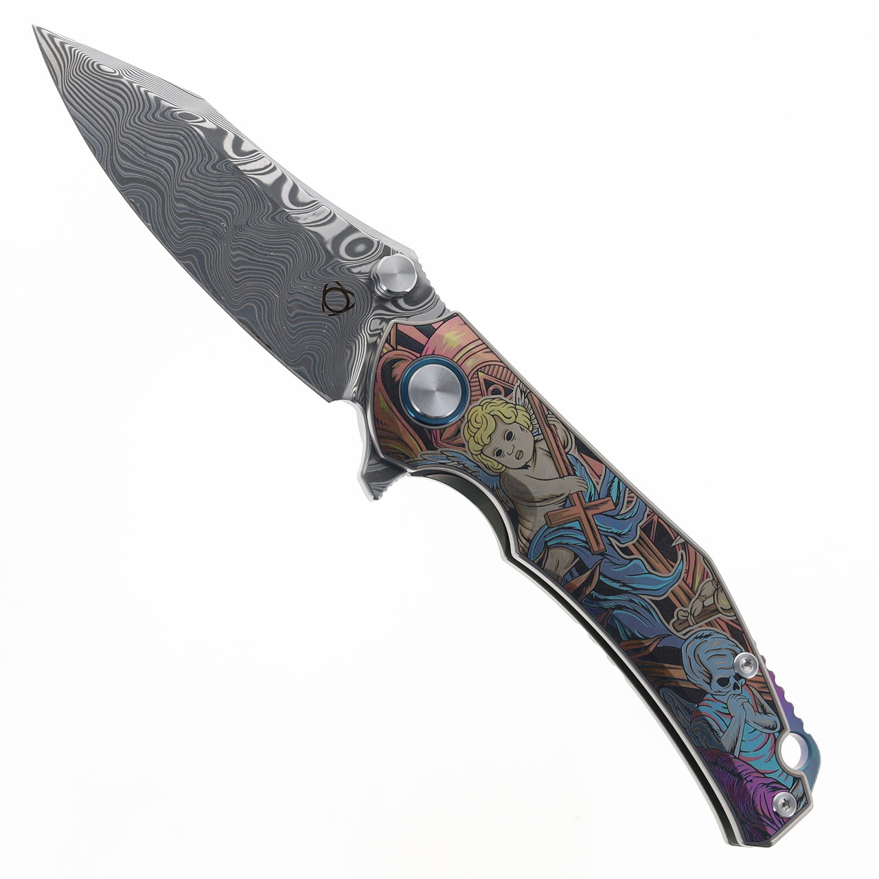 SixLeaf Folding Knife Color Titanium Engraved Handle Damascus Drop