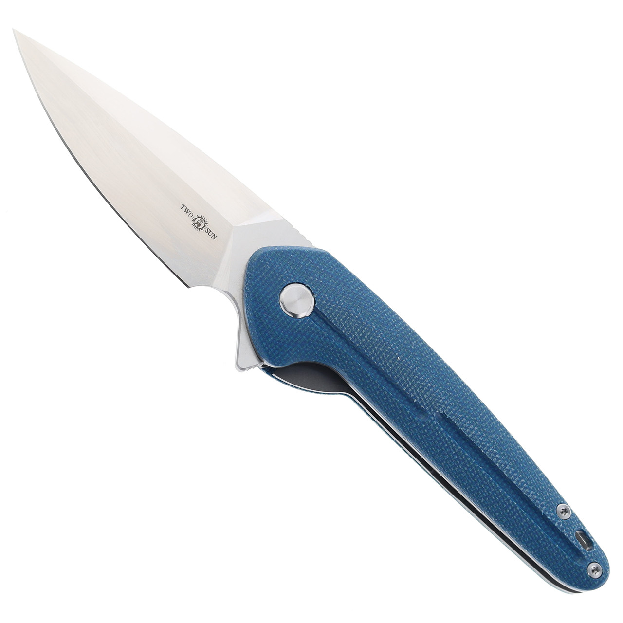 TwoSun Folding Knife Blue Micarta Handle D2 Spear Point Plain Edge