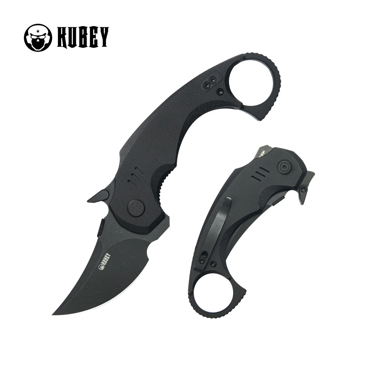 Kubey Jaw Pikal Karambit Folding Knife Black G-10 Handle Blackwash