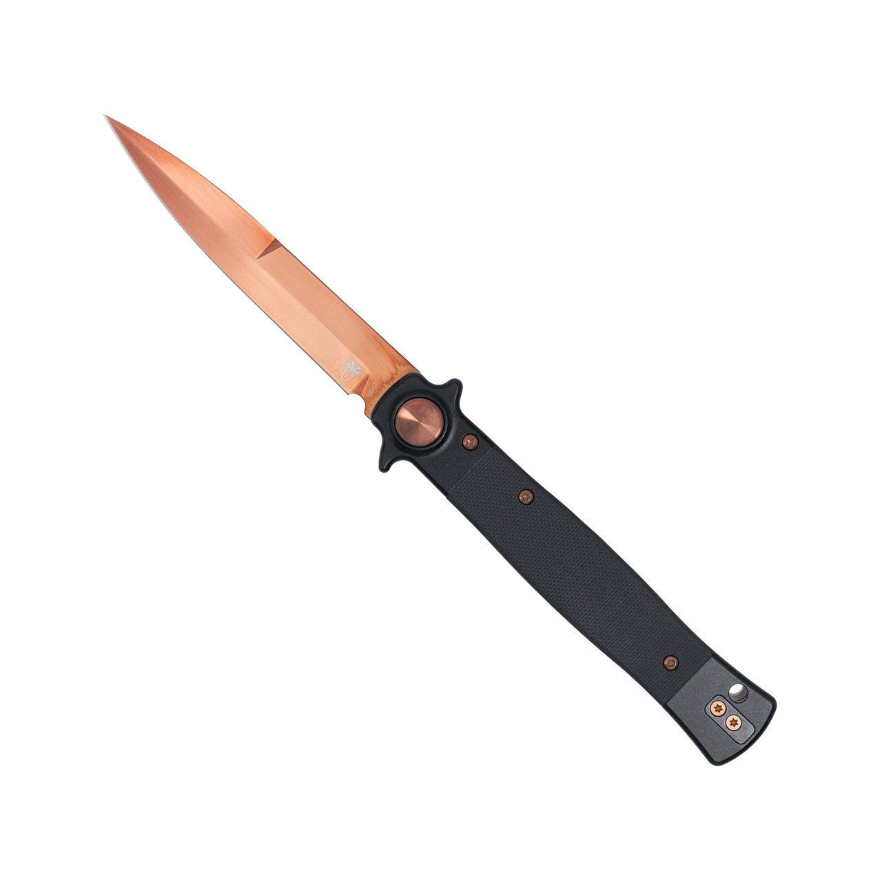CobraTec Stiletto Button Lock Black G10 Handle Rose Gold VG10