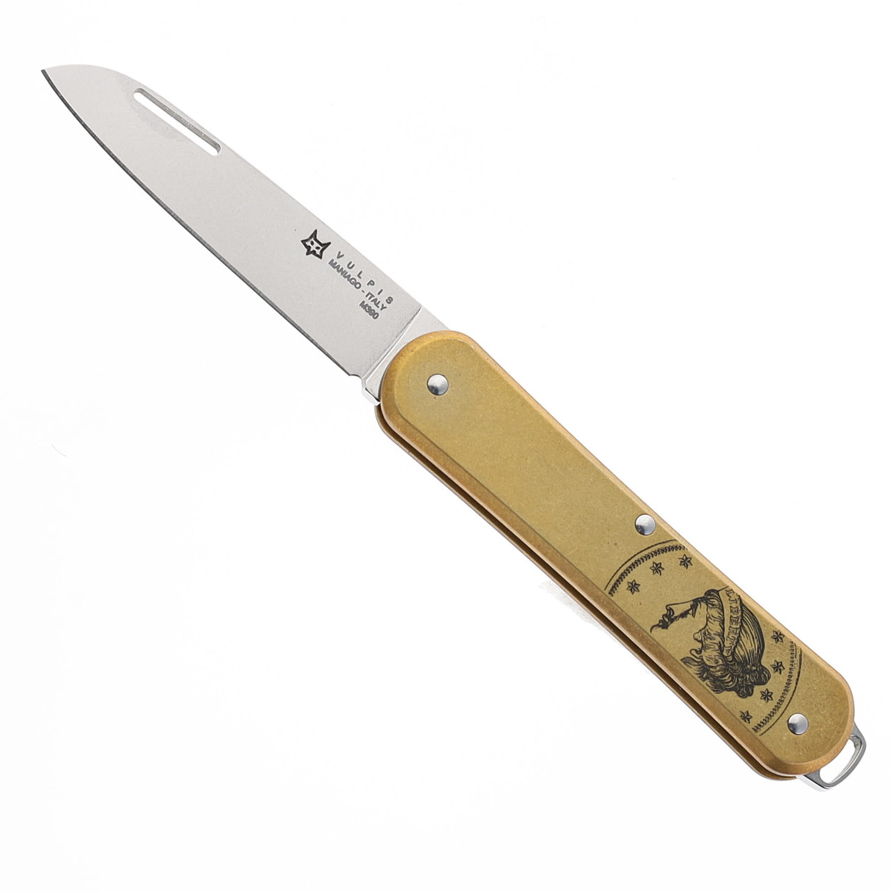 Fox Vulpis Folding Knife Gold Aluminum Handle N690 Sheepsfoot