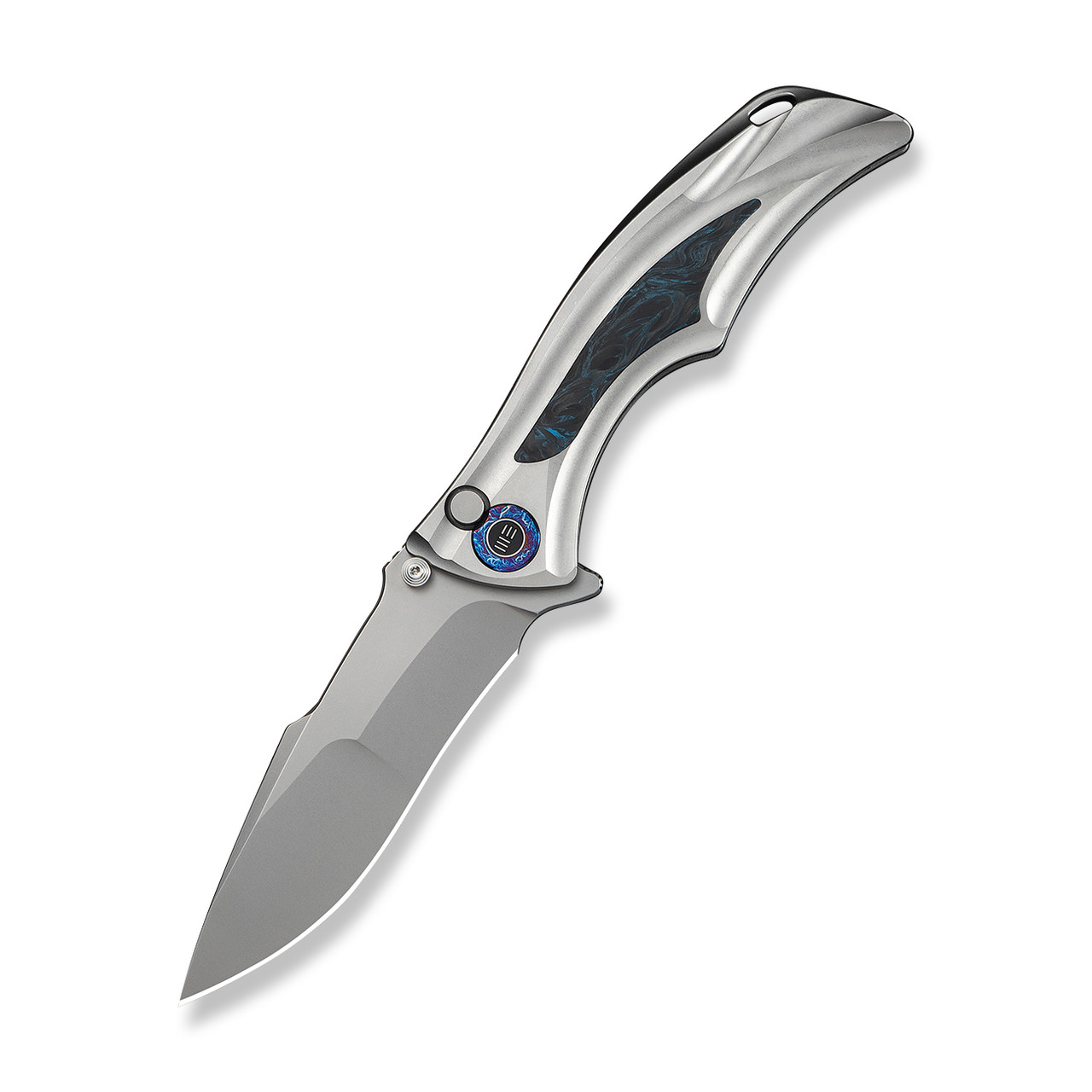WE Tighe Down Folding Knife Gray Titanium/Blue Carbon Fiber Handle