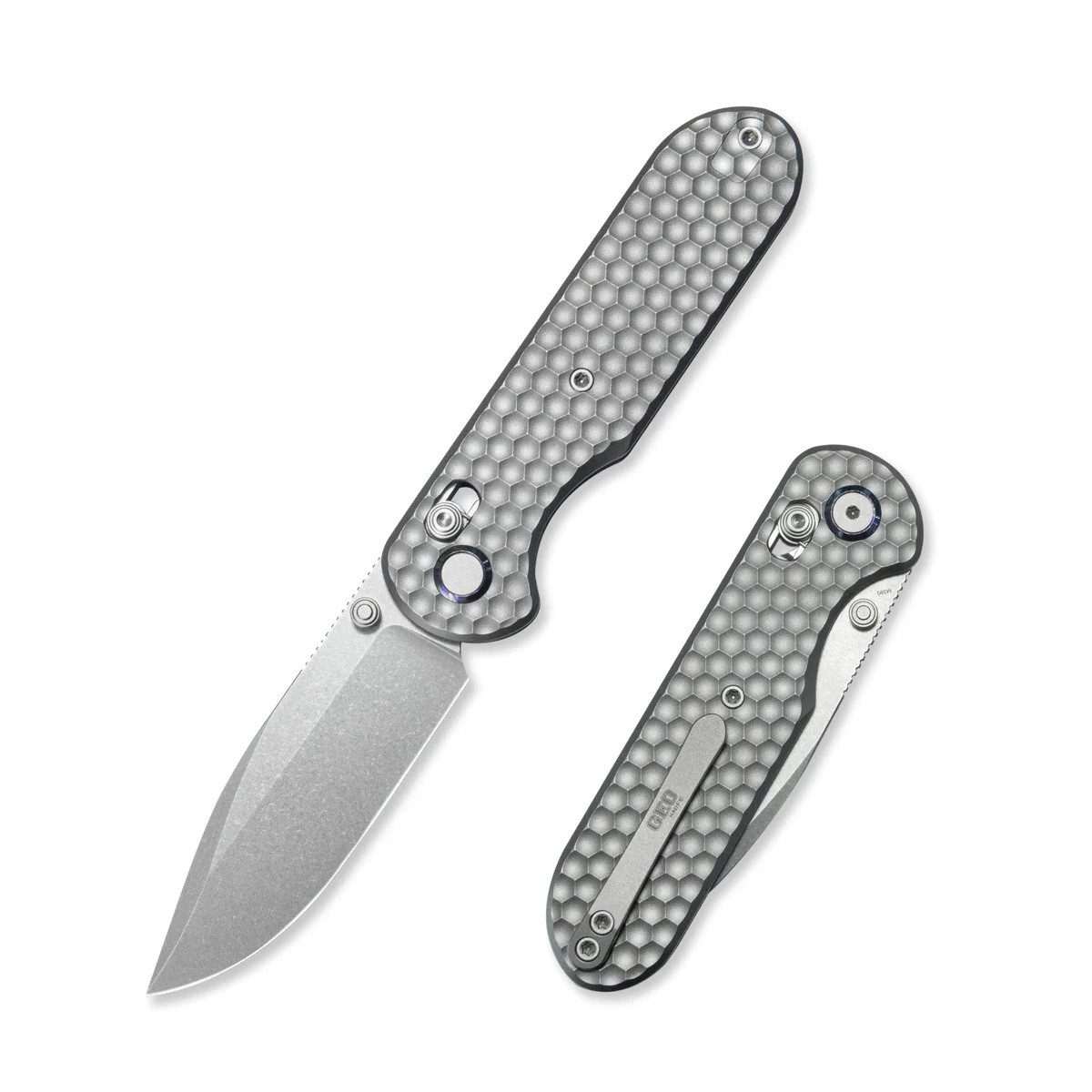 Geo Ethereal Cutter Folding Knife Gray Titanium Handle M390 Drop