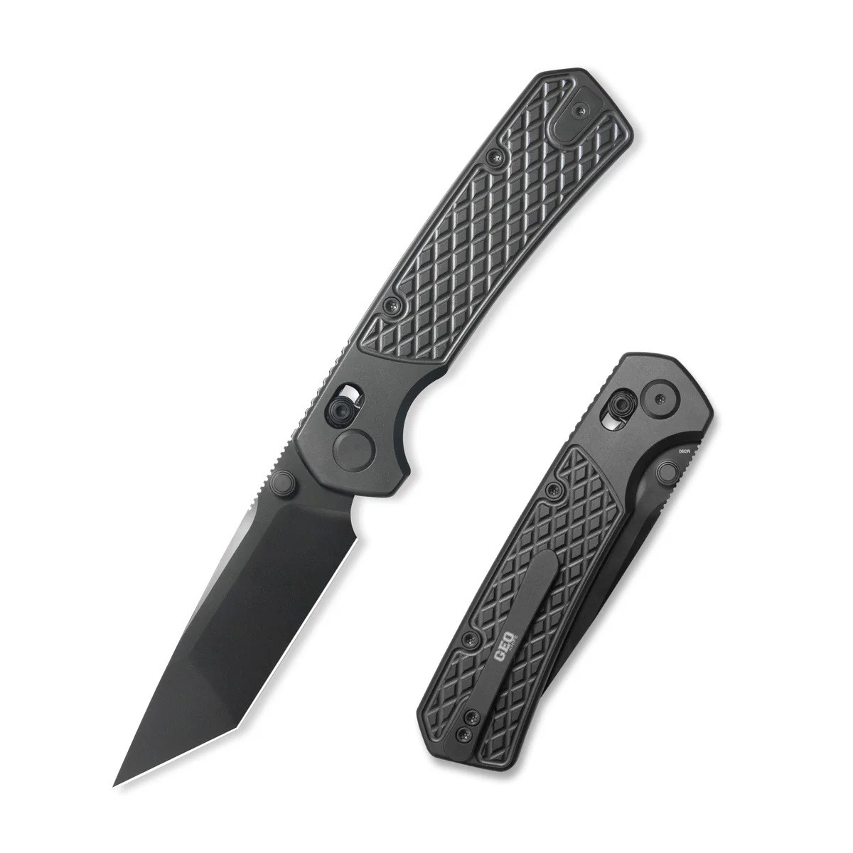 Geo Blaze Folding Knife Black DLC Titanium Handle M390 Tanto Point