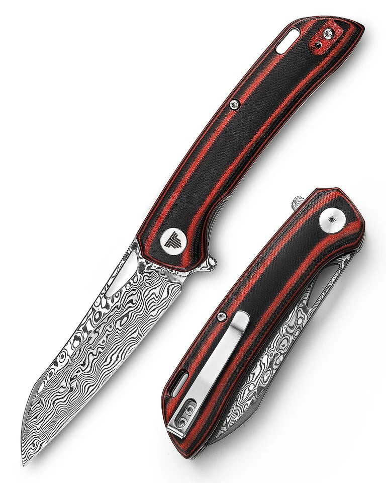 Trivisa Aries Folding Knife Black/Red G10 Handle Damascus Plain Edge