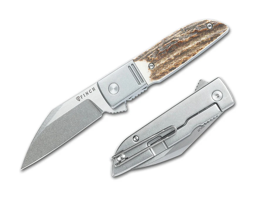 Finch Geneva Spur Folding Knife Stag Horn Handle 154CM Plain Edge