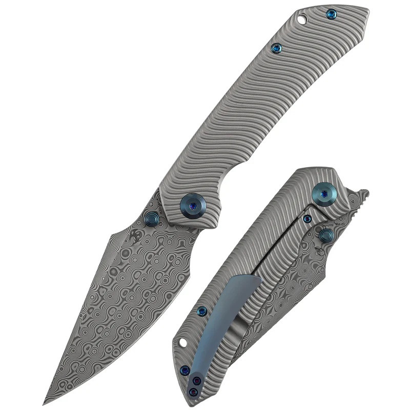 Kansept Fenrir Folding Knife Beadblast Titanium Handle Damascus